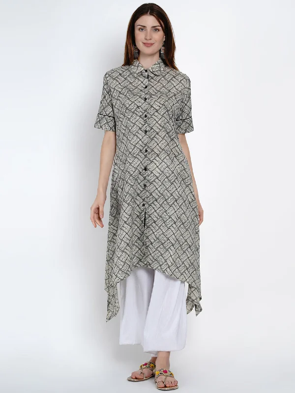 Women's Black&White Cotton Kurta Only - Women Republic