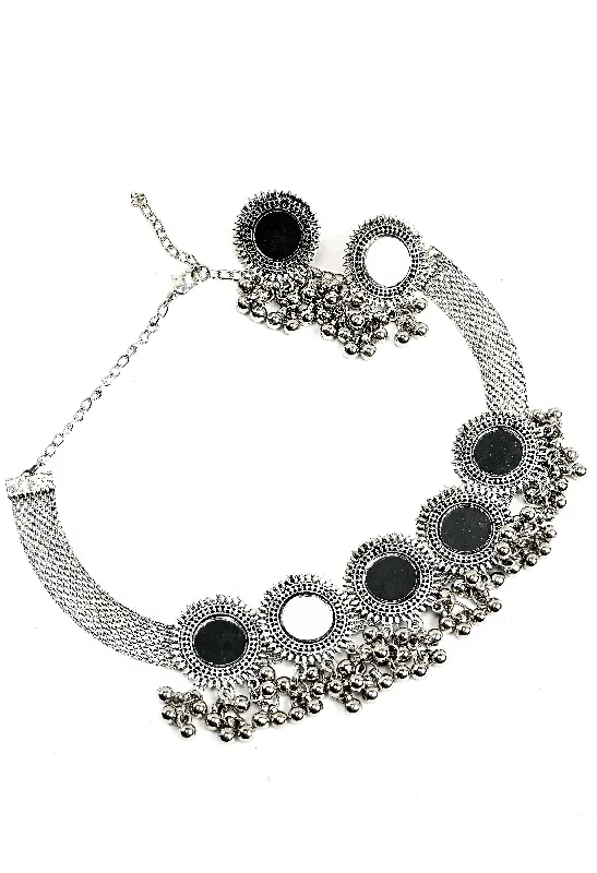 Women's Oxidised Necklaceand Earrings With Mirror And Ghunghru Design - Tehzeeb