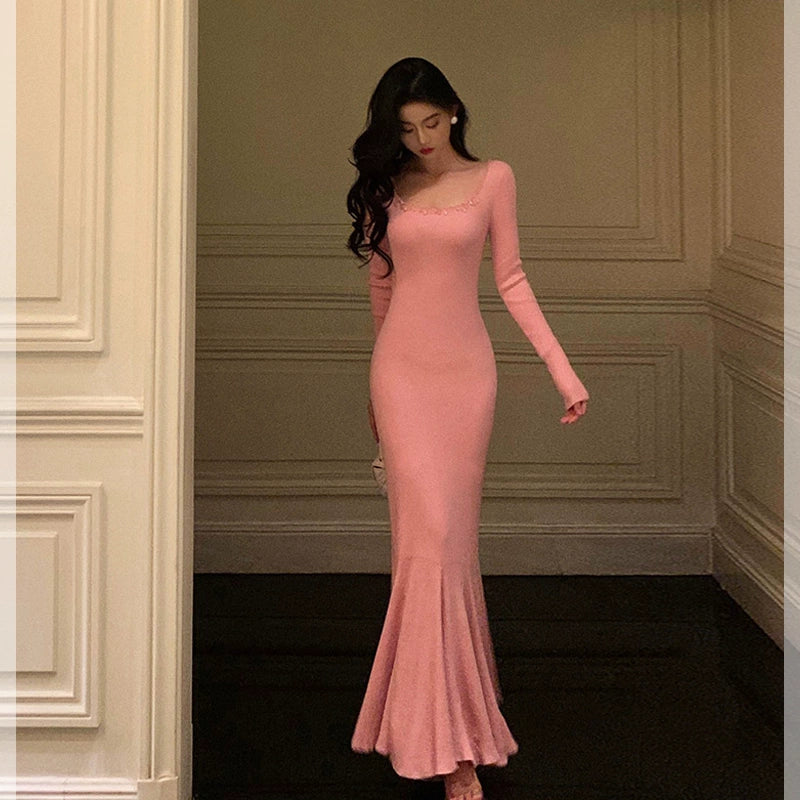 Pink knitted dress for women new style mermaid long party dress      S5578