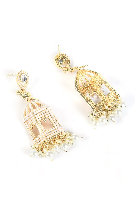 Women's Oxidised Earrings With Golden Pearl And Bird Design - Tehzeeb