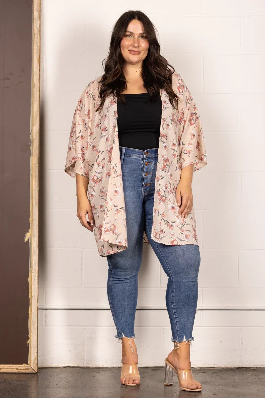 TAN SPRING FLORAL OPEN FRONT PLUS SIZE CARDIGAN J7004