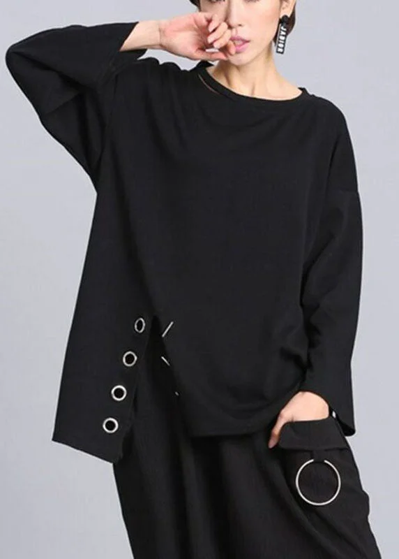 French Black O-Neck Asymmetrical design Fall Long sleeve Top