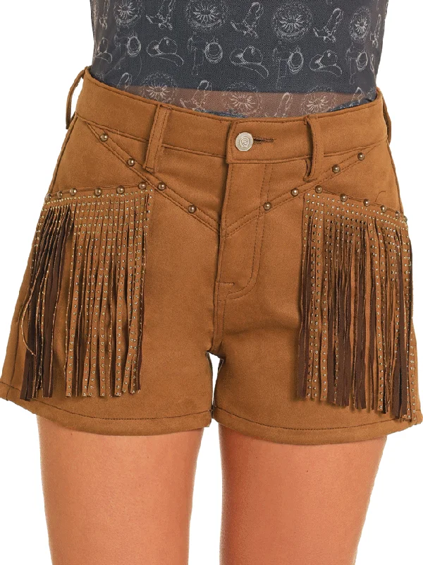 Rock & Roll Denim BW68D04928 Womens Suede Fringe Shorts Camel Copper