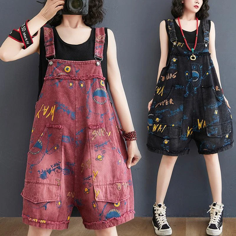 Retro Fashion Print Loose Denim Strap Shorts For Women