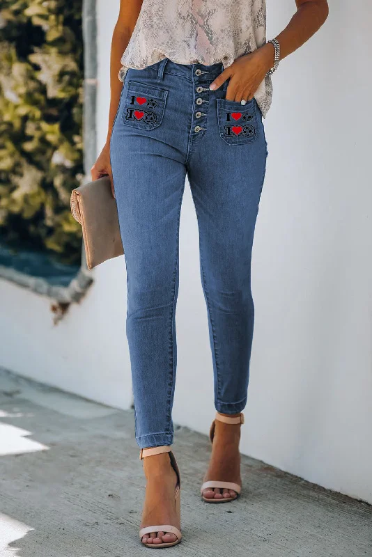 Button Up Printed Pockets Skinny Jeans