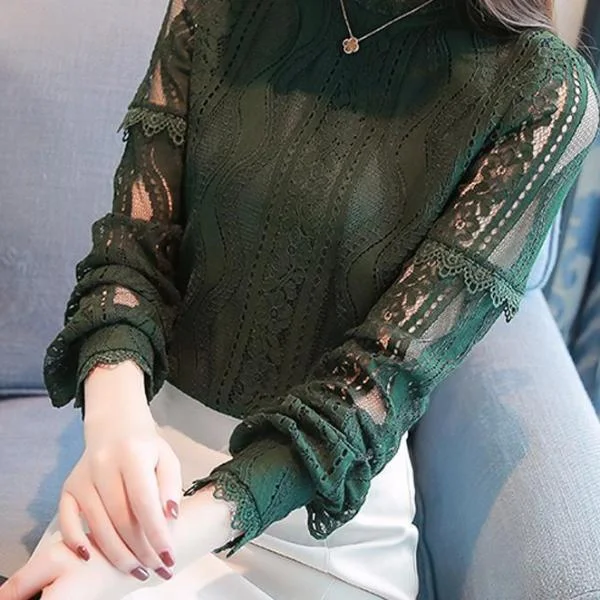 2017 New Arrival Women Tops Fashion Green Lace Blouse Autumn Long Sleeve Plus Size Shirts Hollow Out Renda Blusas Femininas