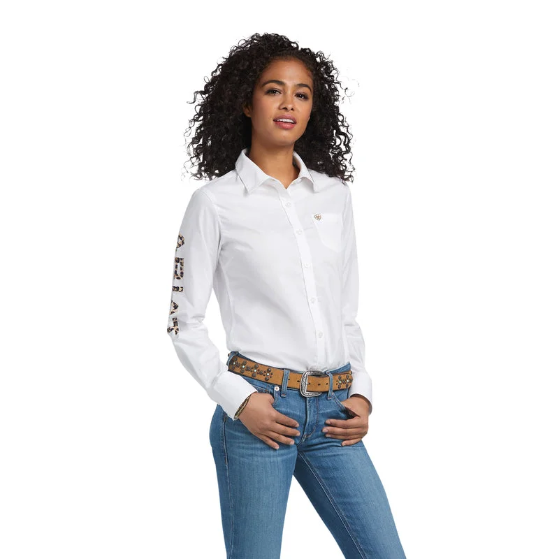 Ariat Women's Wrinkle Resist Team Kirby Stretch Shirt, White/Leopard