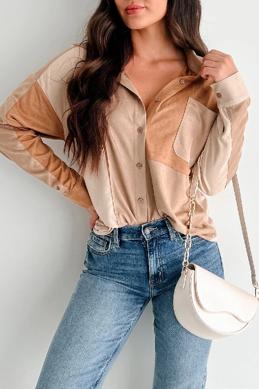 Figuring Things Out Faux Suede Colorblock Shirt (Taupe Mix)