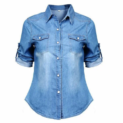 Womens retro azul jean denim macio ajustável manga longa camisa casual tops blusa jaqueta outono solto botão moda senhora blusa