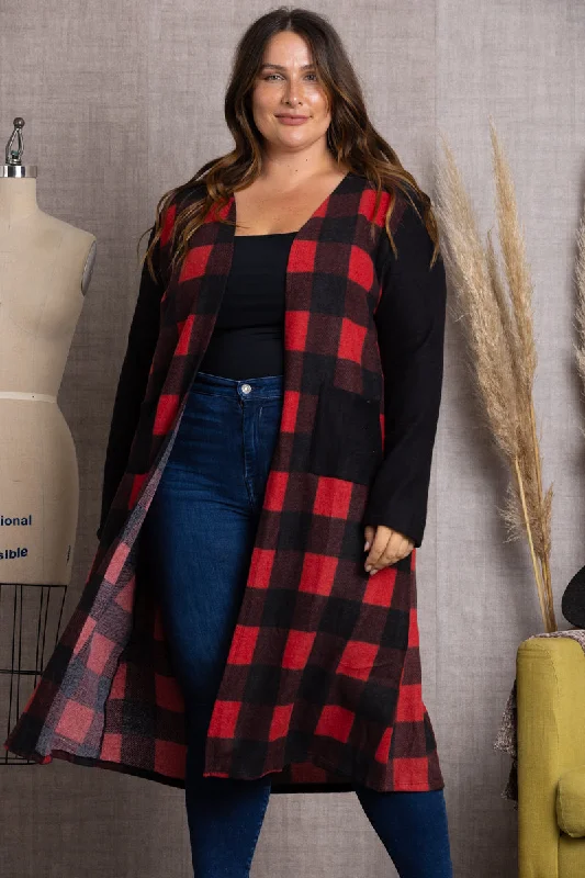 BLACK/RED CONTRAST THROW ON PLAID PLUS SIZE CARDIGAN-SG21022P