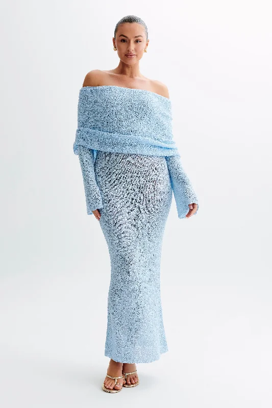 Marisol Off Shoulder Boucle Maxi Dress - Light Blue