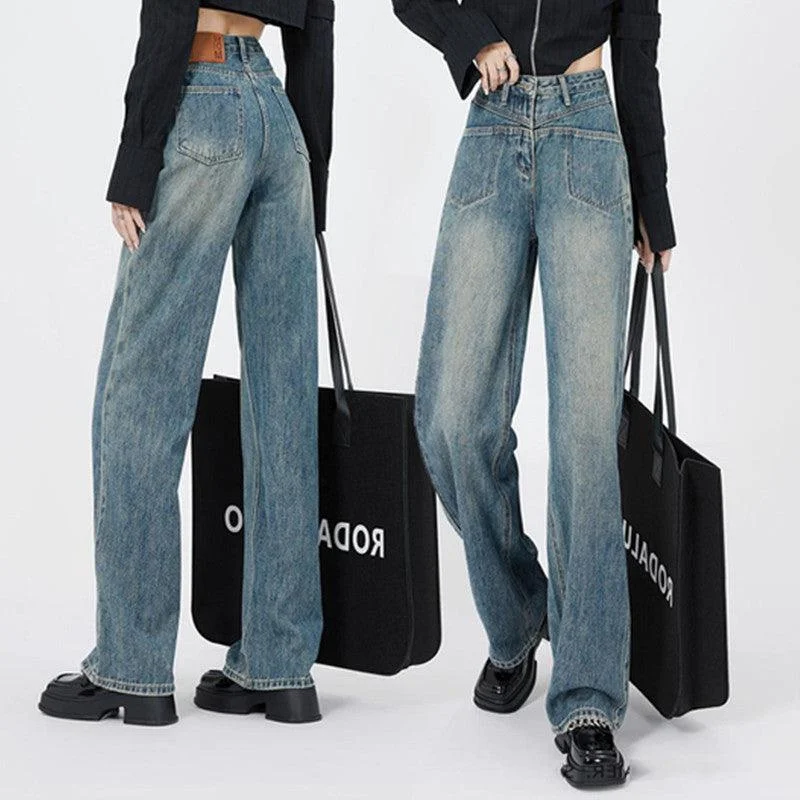 Women's Retro Distressed Washed Wide Leg Jeans