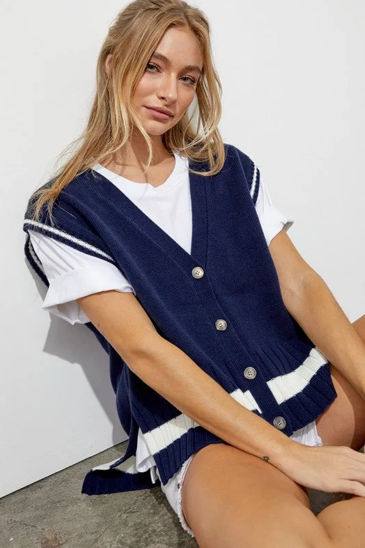 NAVY RIBBED KNIT SLEEVELESS HI-LOW CARDIGAN VEST J8009