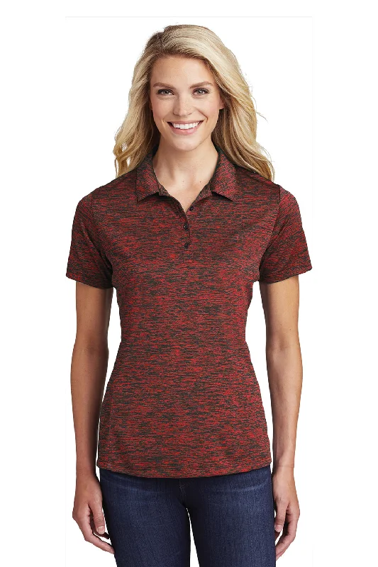 Sport-Tek Womens Electric Heather Moisture Wicking Short Sleeve Polo Shirt - Deep Red Black Electric