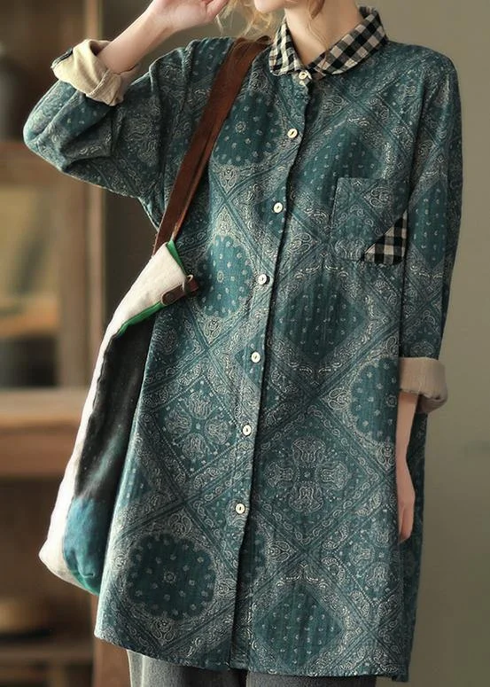 Classy Green Plaid Shirts Women Lapel Pockets Baggy Spring Tops