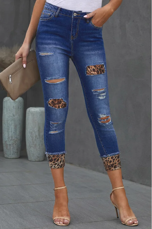 Distressed Leopard Patched Skinny Jeans