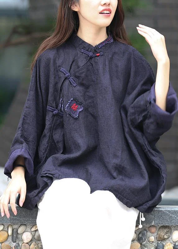 Beautiful stand collar Batwing Sleeve Tunic Cotton navy shirts