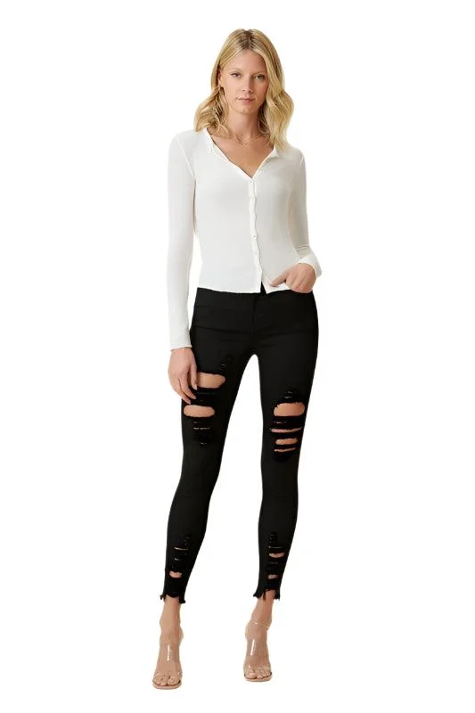 High Rise Distressed Skinny W Raw Hem