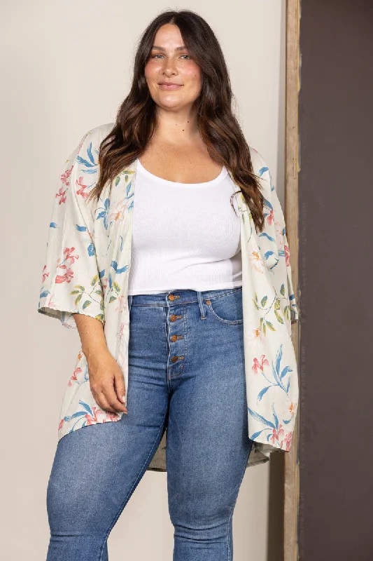 SAGE TROPICAL FLORAL OPEN FRONT PLUS SIZE KIMONO SJ1064