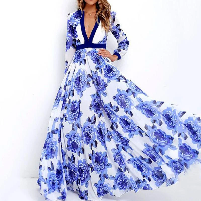 Blue Floral Print V Neck Long Maxi Dresses