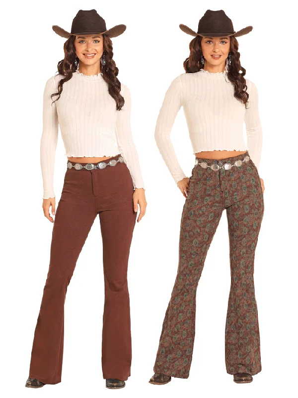 Rock & Roll Denim BW6PD04745 Womens Reversible Aztec Button Flare Pant Brown