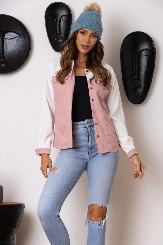 PINK/WHITE COLOR BLOCK CORDUROY LONG SLEEVES JACKET-B51570W