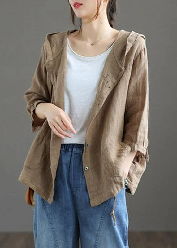 French Chocolate Linen hooded Summer Patchwork Shirt Tops