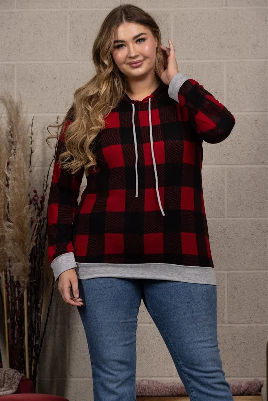 RED PLAID DRAWSTRING HOODIE  PLUS SIZE TOP-ST1850