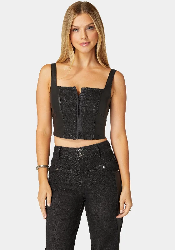 Eyelet Front Combo Vegan Leather Denim Corset