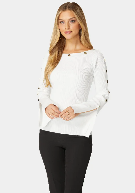 Off Shoulder Bateau Snapped Slit Sweater