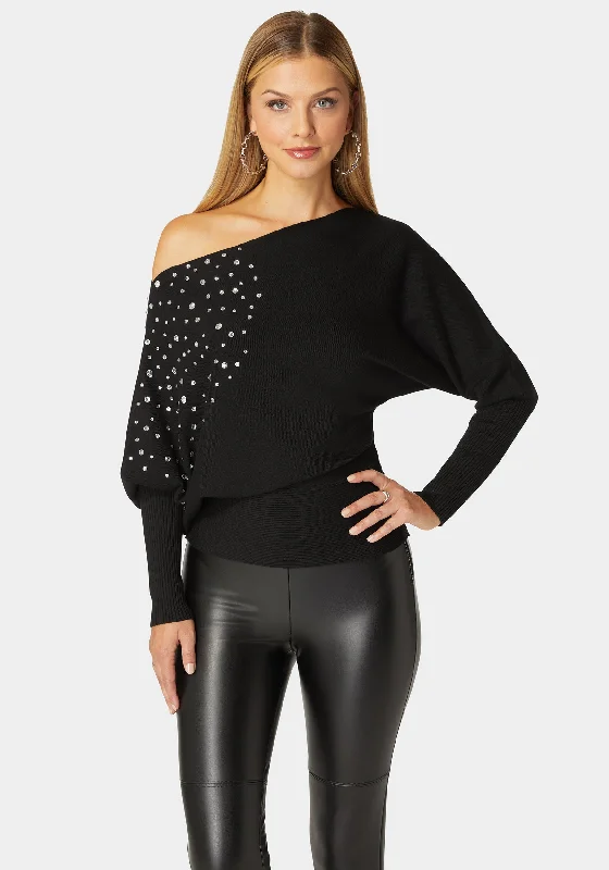 Off Shoulder Studded Dolman Sleeve Sweater