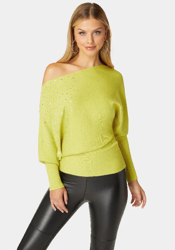 Off Shoulder Studded Dolman Sleeve Sweater