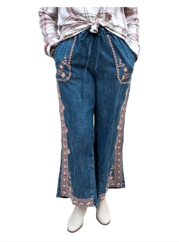 Border Embroidery Denim Pants In Blue