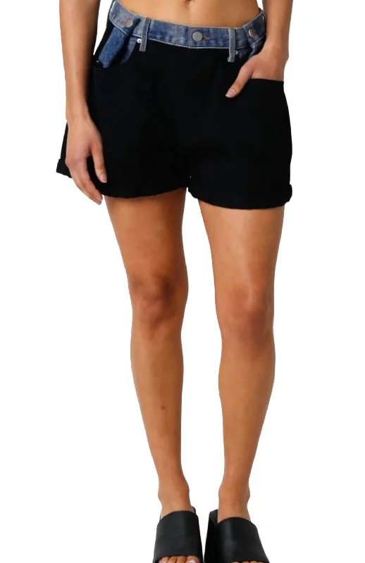 Contrast Waistband Denim Shorts In Black