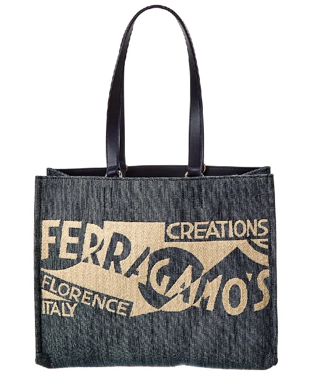 Ferragamo Logo Medium Denim & Leather Tote