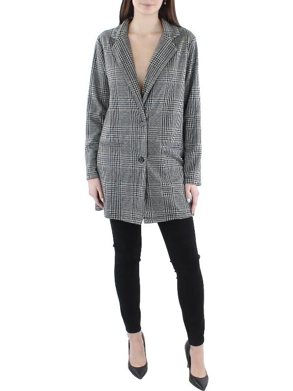 Juniors Womens Woven Plaid Two-Button Blazer