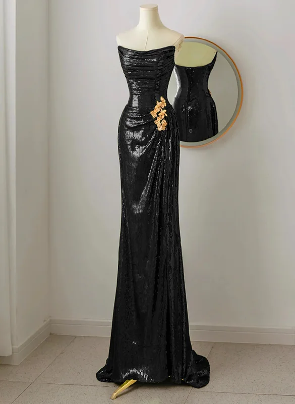 Black Scoop Neck Mermaid Long Prom Dress Sequins Evening Dress, DP2825