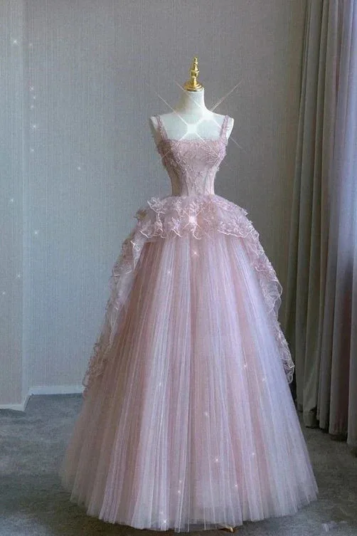 Pink A-Line Lace Tulle Long Party Gown Birthday Dress, DP2835