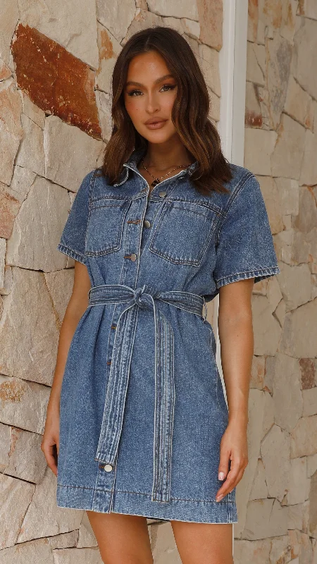 Achaia Denim Button Up Mini Dress - Dark Blue