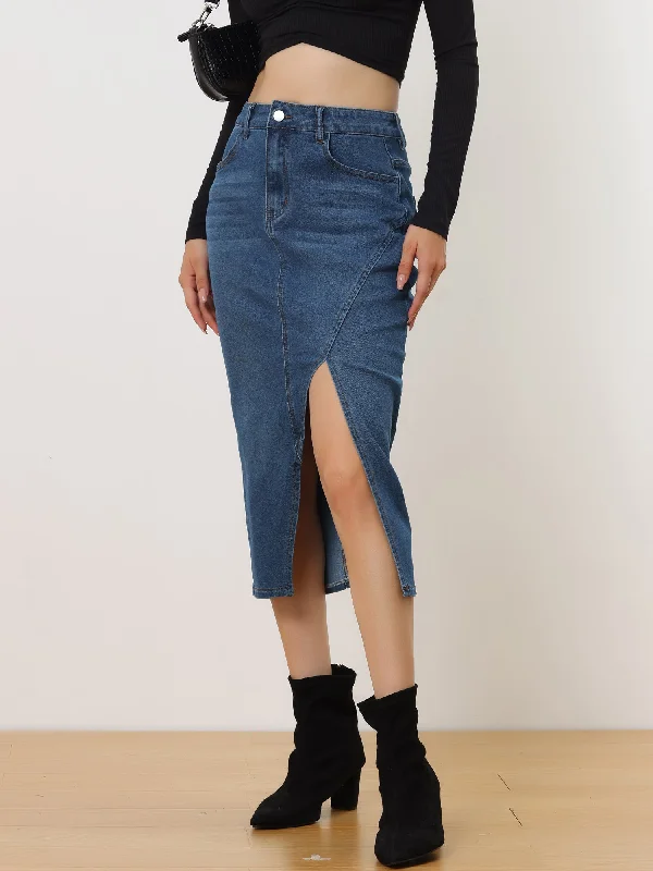 Women's Denim Skirt Casual High Waisted Front Slit Knee Length Jean Skirts