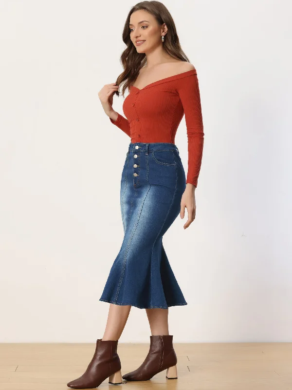 Fishtail Denim Button Pockets Distressed Midi Skirt